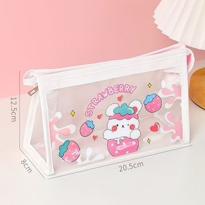 Pink Strawberry Bunny transparent cosmetic travel bag.